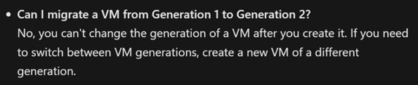 Migrate from Generation 1 to Generation 2 Microsoft answer NO